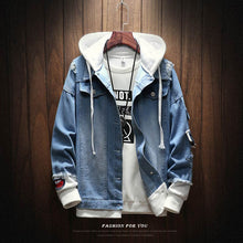 Load image into Gallery viewer, Men Jackets Autumn Winter Fake Two Pieces Patchwork Denim Hooded Jacket Causal Worn Hole Coat Outwear Male Plus Size