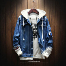 Load image into Gallery viewer, Men Jackets Autumn Winter Fake Two Pieces Patchwork Denim Hooded Jacket Causal Worn Hole Coat Outwear Male Plus Size