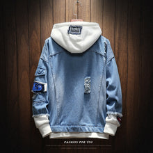 Load image into Gallery viewer, Men Jackets Autumn Winter Fake Two Pieces Patchwork Denim Hooded Jacket Causal Worn Hole Coat Outwear Male Plus Size