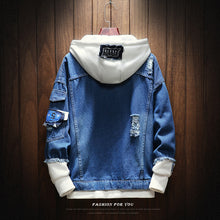Load image into Gallery viewer, Men Jackets Autumn Winter Fake Two Pieces Patchwork Denim Hooded Jacket Causal Worn Hole Coat Outwear Male Plus Size