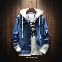 Load image into Gallery viewer, Men Jackets Autumn Winter Fake Two Pieces Patchwork Denim Hooded Jacket Causal Worn Hole Coat Outwear Male Plus Size