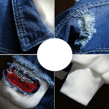 Load image into Gallery viewer, Men Jackets Autumn Winter Fake Two Pieces Patchwork Denim Hooded Jacket Causal Worn Hole Coat Outwear Male Plus Size