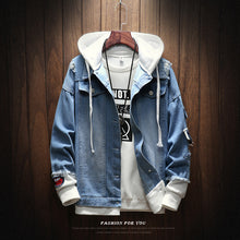 Load image into Gallery viewer, Men Jackets Autumn Winter Fake Two Pieces Patchwork Denim Hooded Jacket Causal Worn Hole Coat Outwear Male Plus Size